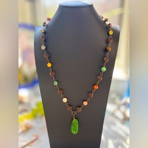 Vintage Unique Copper Necklace with Stones and Beads, "Made with Love"